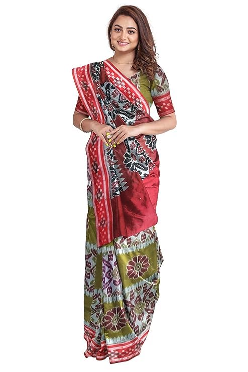 Image of Ikat Women's Cotton Saree, Handmade Pure Cotton Khandua Saree, Ikkat Orissa Traditional Handloom Saree without Blouse