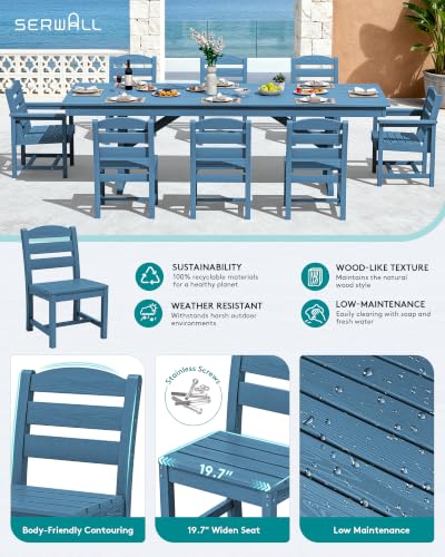 Image of SERWALL 9 Piece 84 inch HDPE Outdoor Dining Set with 6 Armless Chairs, 2 Armchairs and Umbrella Hole for 8, Blue