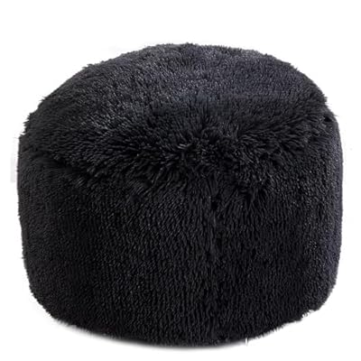 HOMBYS Unstuffed Ottoman Pouf Cover,Round Faux Fur Foot Stool, 20"x20"x12" Fuzzy Chair, Floor Bean Bag(No Filler),Foot Rest with Storage for Living Room, Bedroom, Office, Black Cover ONLY