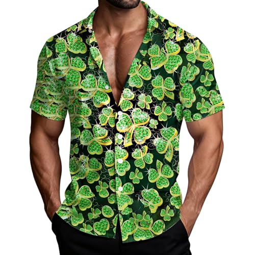 QXQLSH - Camisas hawaianas con botones para hombre, camisas florales con estampado de trébol irlandés verde, camisetas casuales de manga corta para hombre, verde, S