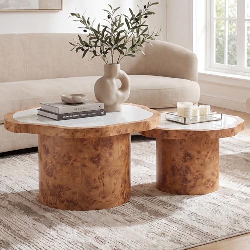chairus Wolkenform Couchtisch-Set mit Marmor-Optik Tischplatte Runder Wohnzimmertisch mit Holzgestell Beistelltisch für Wohnzimmer/Schlafzimmer - Ø78cm Ø60cm