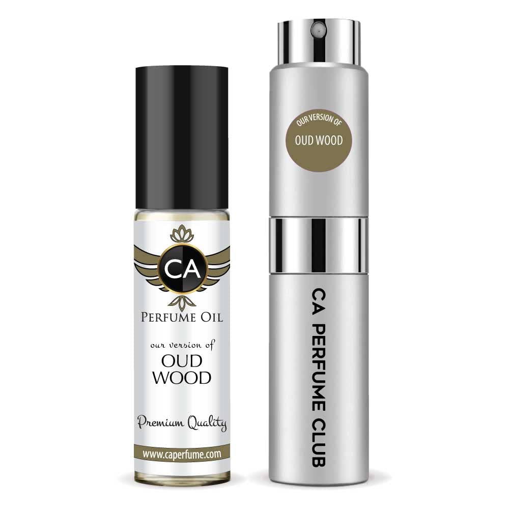CA PerfumeDuo Impression of Oud Wood For Men Eau de Parfum Refillable Atomizer Sprayer + Fragrance Body Oil Travel Size Roll-On Bottle 0.27 Fl Oz+0.33 Fl Oz