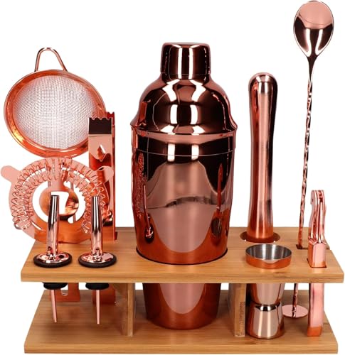 Whiskey Rocks 11-er Cocktail Shaker Set mit Bambusständer - Cocktail & Bar Zubehör - Paris Shaker 750 ml - Barkeeper Set - Bar Set - Cocktail Messbecher & Stößel - Barlöffel - Edelstahl - Kupferglanz