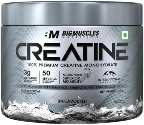 Bigmuscles Nutrition Creatine [155 G,50 Servings]| Unflavoured|Micronized Creatine Monohydrate To Support Lean Muscle Repair & Recovery|Increase Strength&Athletic Performance,Powder,1 Count