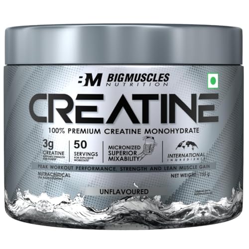 Bigmuscles Nutrition Creatine [155 G,50 Servings]| Unflavoured|Micronized Creatine Monohydrate To Support Lean Muscle Repair & Recovery|Increase Strength&Athletic Performance,Powder,1 Count