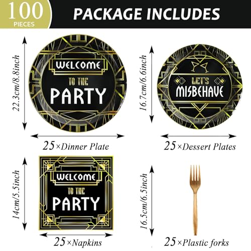 Image of 100 Pcs Roaring 1920s Party Decorations, Speakeasy Misbehave Black Gold Birthday Party Decors Art Decor Retro Murder Mystery Party Supplies for 1920s Vintage Flapper Wedding Supplies Serve 25