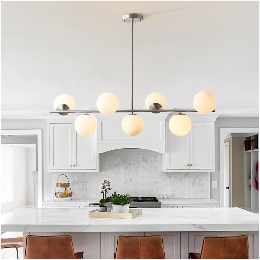 ZR98US Gold Mid Century Linear Pendant Fixture 7-Lights Globe with Milk Glass Sputnik Kitchen Island Light, Chandelier