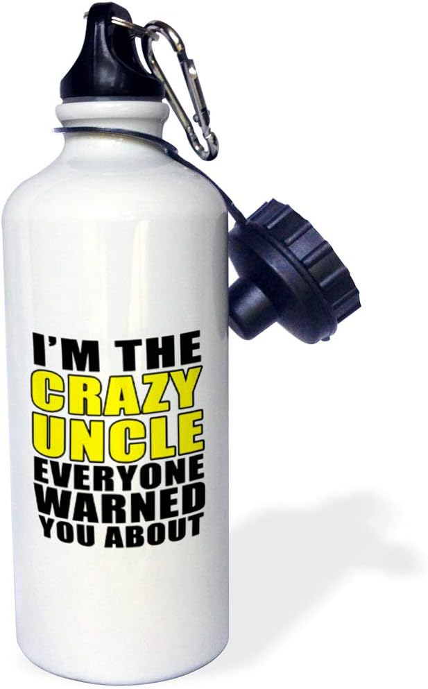 3dRose "Im The Crazy Uncle Everyone Warned You About Yellow" Sports Water Bottle, 21 oz, White