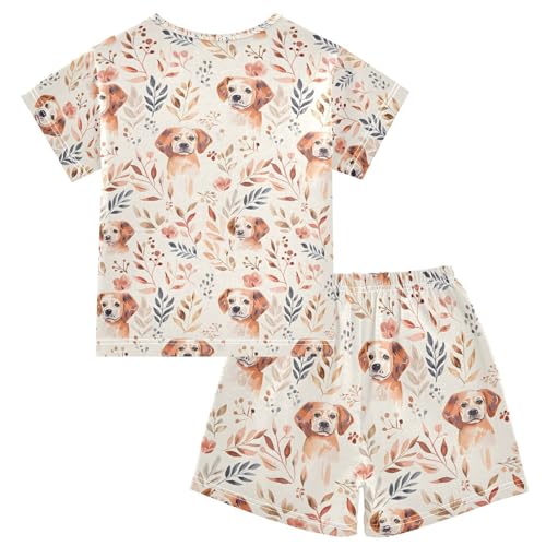 ALAZA Watercolor Golden Retriever Dog Leaves Pajamas Set Short Sleeve Cotton Sleepwear Summer Pjs 2 Piece 5-14Y2