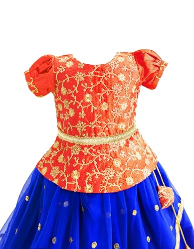 Image of Girls Designer Lehenga Choli Set Orange Rani Pink Readymade Pattu Pavadai Style Traditional Ethnic Dress for Baby Girls Kids Festive Wedding 3Months-8 Years