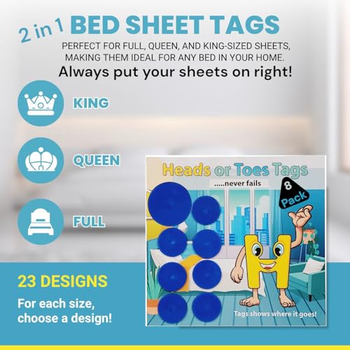 2 in 1 Bed Sheet Marking Tags - King, Queen or Full. for Each Size, Choose a Design. Plus Quick Identification to Put Your Bed Sheets on Right. Great Gift Ideas! #1 in Tags/Sheet Snaps. (Blue)