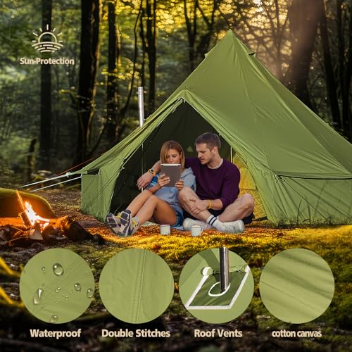 Cotton Canvas Bell Tent, Waterproof Large Tents with Sturdy Center & Door Pole and Space for 4/6/8 Person All 4 Season Camping Yurt Tent (Olive Green, 13.1ft(4M)) - Image 3