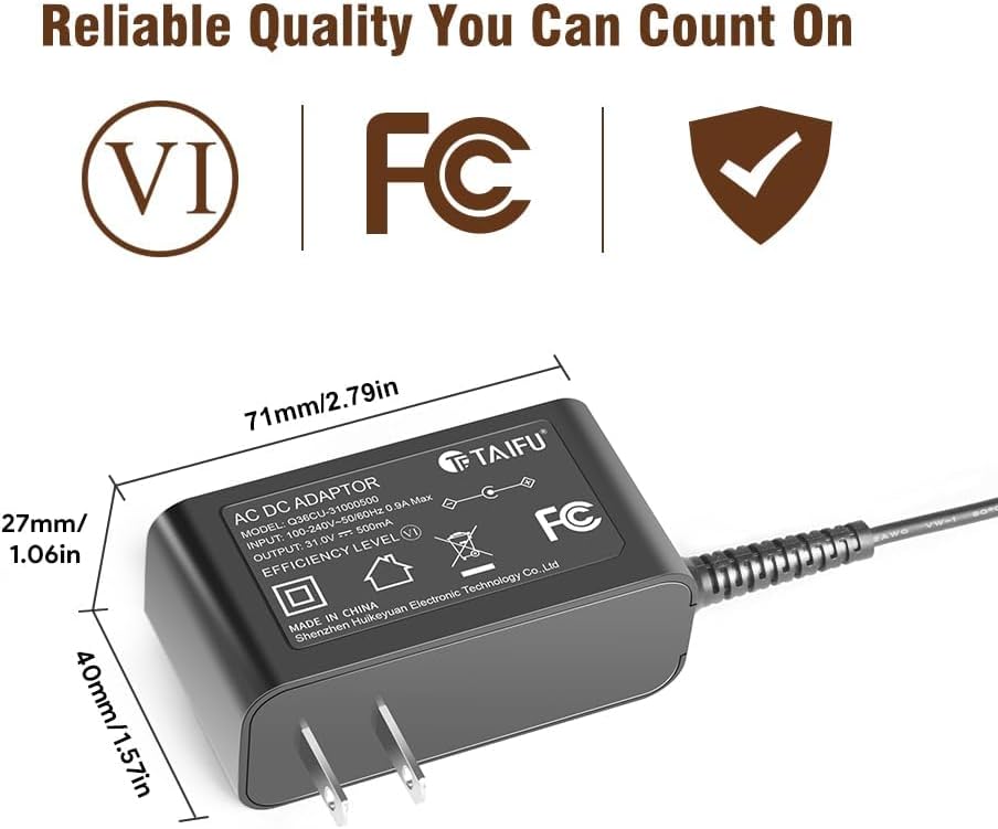Close-up of the TAIFU charger label showing input/output specifications and certifications.
