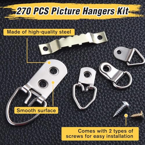 Image of 270 Pcs Picture Hangers with Screws, D Rings Picture Hanging Kit Heavy Duty Picture Hanging Hooks Picture Framing Supplies Kit for Mirror, Clock, Decoration, Paintings, Artwork Picture Frame