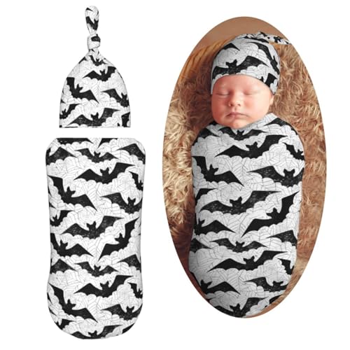 Image of Muishi Black Bat Newborn Swaddle Blankets Hat Sets Soft Baby Receiving Blanket Swaddle Sack for Baby Shower Infant Boy Girl Gift