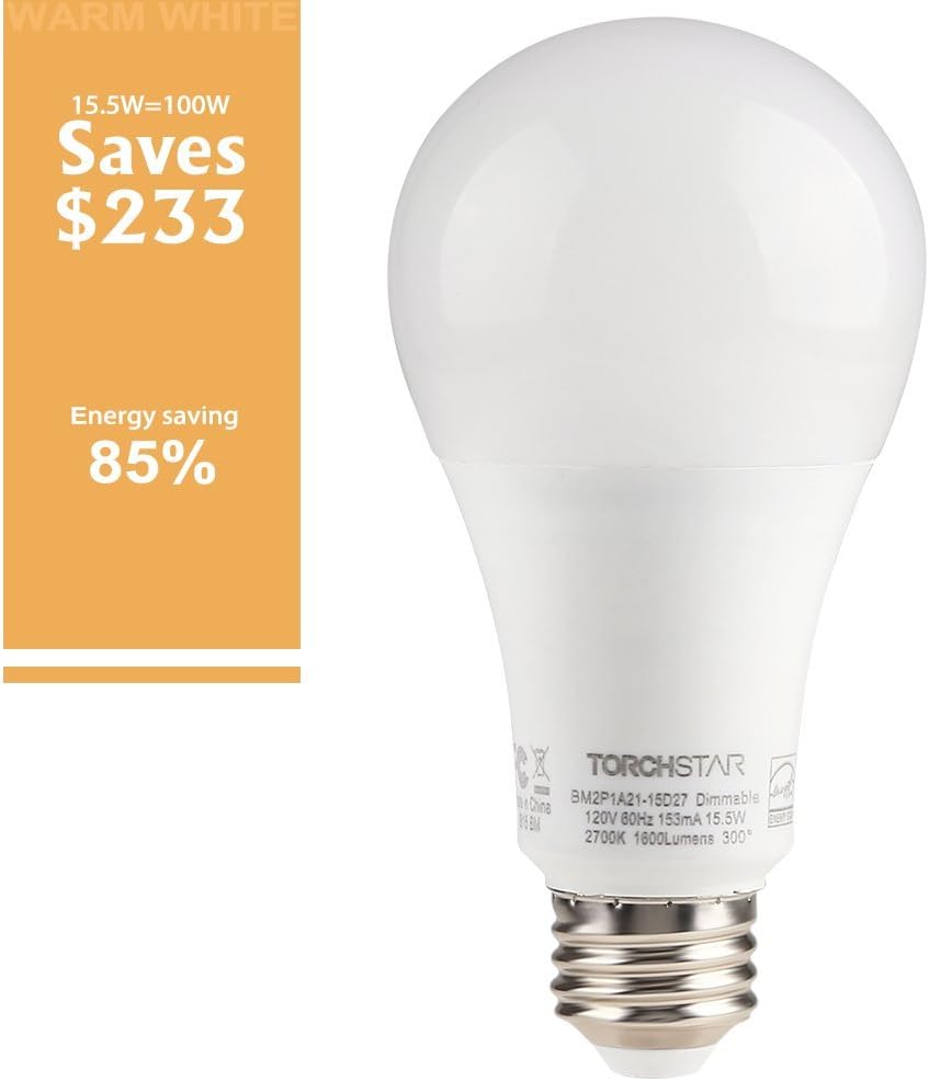TORCHSTAR 100W Equivalent 15.5W Dimmable LED A21 Bulb, 1600Lm, 2700K Soft White, E26 Medium Base, Omnidirectional, Pack of 4