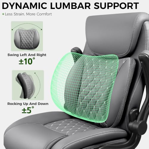 Image of Office Chair, Ergonomic Executive Desk Chair with Lumbar Support for Lower Back Pain Relief, Padded Flip-Up Armrests, Leather Home Office Chair, Gray