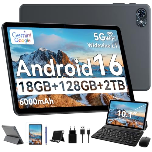 Tablet 2026 Android 16 Tablets, 10.1 Inch Tablet with HD Display, 18GB RAM 128GB ROM /2TB TF, Gemini AI 2.0, Daul Speaker and Cameras, 6000mAh, Widevine L1, 2 in 1 Tablets with Keyboard Mouse Stylus