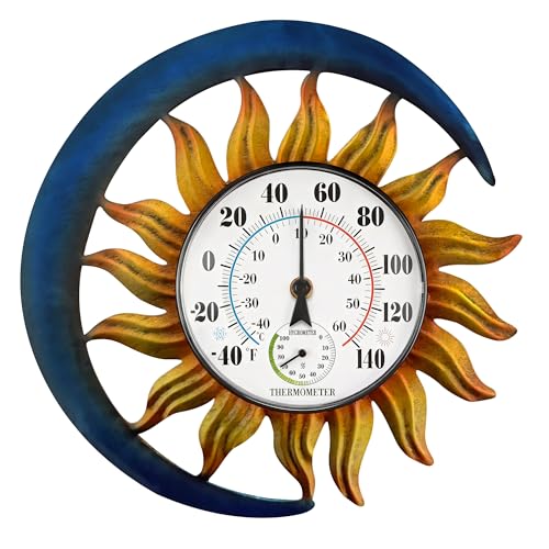 Indoor Outdoor Thermometer Hygrometer, Vintage Sun Moon Wall-Mounted Thermometer Waterproof Decorative Outdoor Thermometers for Patio Yard Garden Living Room, No Batteries Required
