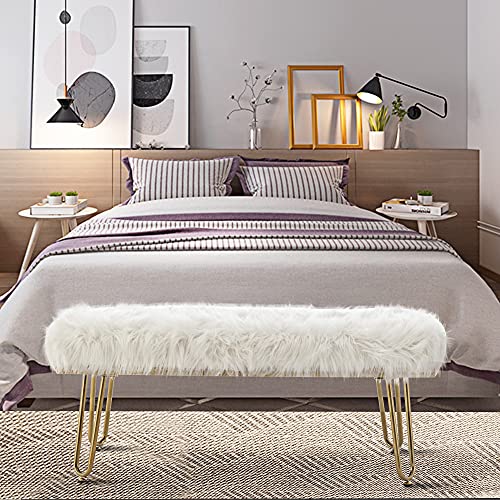 Aklaus Ottoman Bench，Chic White Faux Fur Bench for Bedroom,End of Bed Bench Seat Stool with 4 Gold Metal Legs Decorative Accent Bench for Bedroom,Living Room - 45.7" (W) x 16.9"(D) x 18.9"(H).