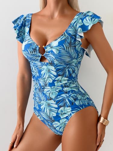 Image of Eomenie Womens Ruffled One Piece Swimsuit Slimming Tummy Control Bathing Suit V-Neck Cutout Swimwear for Resort Wear