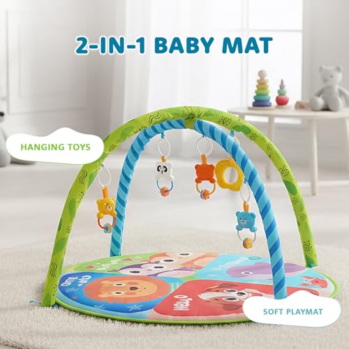 Image of Amazon Brand - Supples Baby Play Gym Mat | Activity Play Gym with Hanging Toys | 2-in-1 Baby Mat for 2+ Months | Animal Print | Multicolor | Soft Baby Bedding