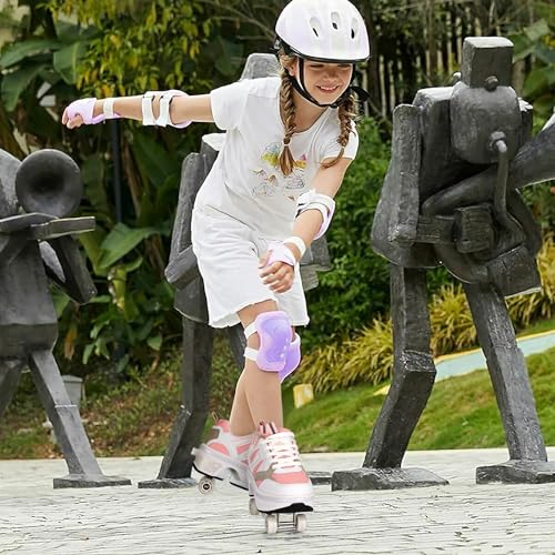 Image of Roller Skates for Women /Girls, Retractable Kick Roller Shoes with Wheels for Men, Outdoor Quad Wheel Rink Skates Adjustable Deformation Sneakers for Adult /Boys
