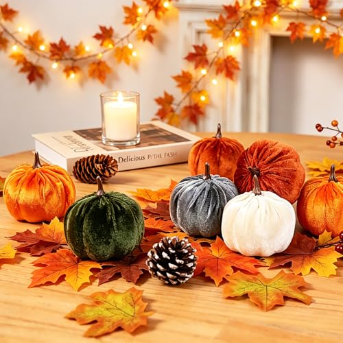 Image of Super Holiday 15PCS Fall Artificial Velvet Pumpkins Decor, 5 Colors Foam Faux Fall Pumpkins Decorations, for Home Autumn Harvest Halloween Thanksgiving Party Table Centerpiece Decor.