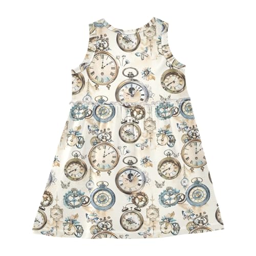 Girls and Toddlers'Sleeveless Watercolor Vintage Clock Prints Summer Casual Dresses for Home Party Beach 2-8 Years2
