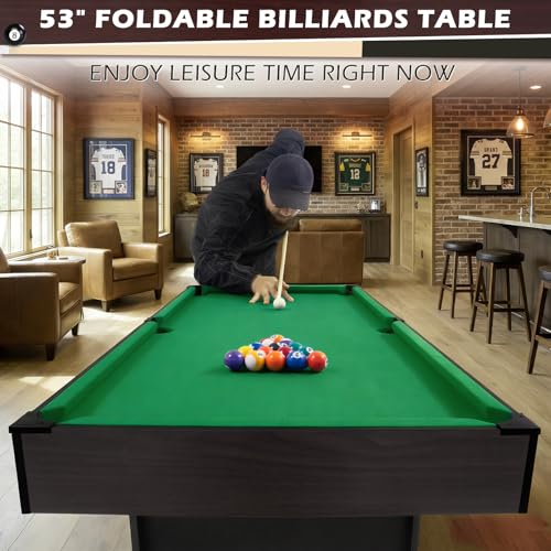 Image of 53 Inch Folding Pool Table with Built-in Ball Storage and Cue Clips, Freestanding Billiard Game Table Set for Family Game Room, Includes Cues, Balls, Chalk and Brush