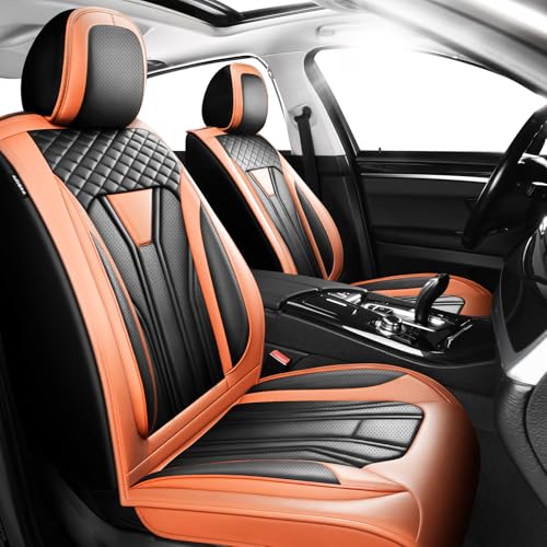 Image of Car Seat Covers Compatible with Chevy Equinox 2011-2026, Premium Leather Breathable, Wear Resistant, Airbag Compatible, All-Weather Protection & Full Coverage, 2 Front Seat Orange&Black