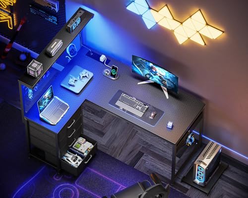 Coleshome L Shaped Gaming Desk with Drawers & Shelf, 110 × 80 cm Reversible Corner Computer Desk with LED Lights & Power Outlets, Gaming Table with Hook, Carbon Fiber Black - Image 3