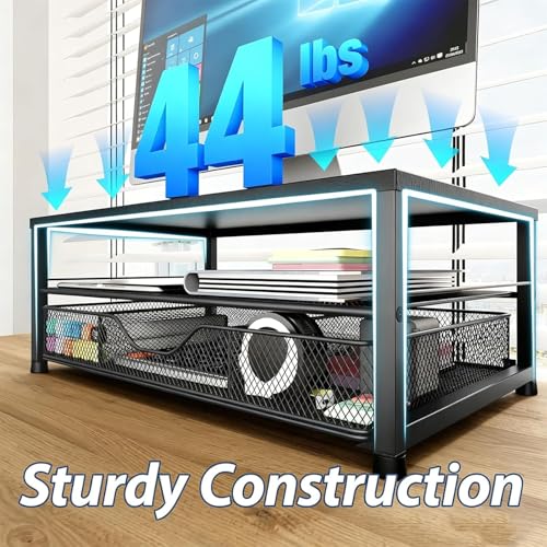 Image of OPNICE Desk Organizer and Accessories, 2-Tier Computer Monitor Stand Riser with 2 Drawer and 2 Pen Holders, Laptop Stand, Office Desk Accessories for Office Supplies, Black Plastic