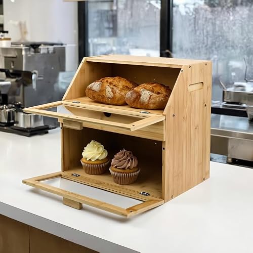 Maison Des Cadeaux Large Bamboo Bread Bin with Dual Compartment Storage Rack and Convenient Slide-Out Chopping Board - Image 2
