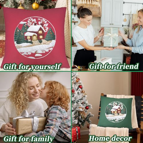 Image of FONNUY Christmas Embroidery Kit for Beginners, Throw Pillow Case Cross Stitch Set Winter Snow House Holly Tree Pattern for Adults, Hand Works Crafts Throw Pillow Cover, 18 x 18'' (Green)