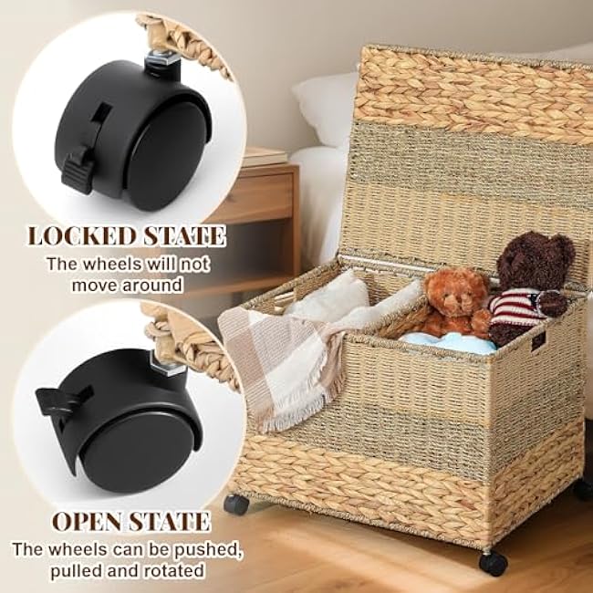 Rolling Wicker Storage Basket 23¡Á17.5¡Á16 Inch Toy Basket with Lid and Locking Wheels t for Blanket Bedroom, Laundry Room Natural