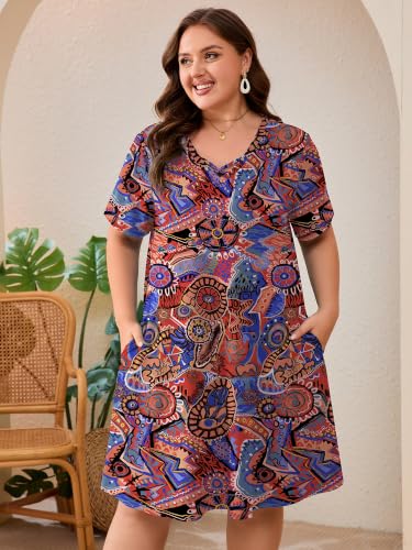 Image of AusLook Plus Size Midi Dress for Women Short Sleeve V Neck Criss Cross A Line Summer Casual Vacation Sundresses with Pockets