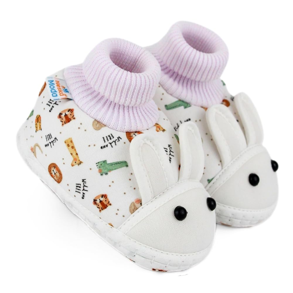 6 To 12 Months Baby Boys & Girls Elephant Printed Soft Cotton Pre-Walker White Rabbit Face Shoe Booties-BT5573-image-36