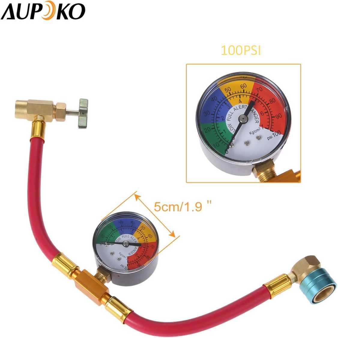 Aupoko R1234YF Refrigerant Charge Hose Kit with Gauge, 1/2” LH Self-sealing Can Opener Tap, 14mm R1234YF Low Side Quick Coupler, Air Condition Refrigerant Charging Pipe and Gauge
