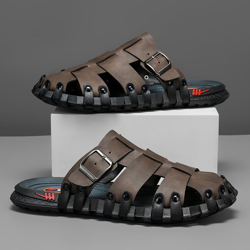Image of Mens Leather Beach Slides Sandals For Men Closed Toe Hiking Outdoor Athletic Casual Walking Sandals Water Shoes Summer Fisherman