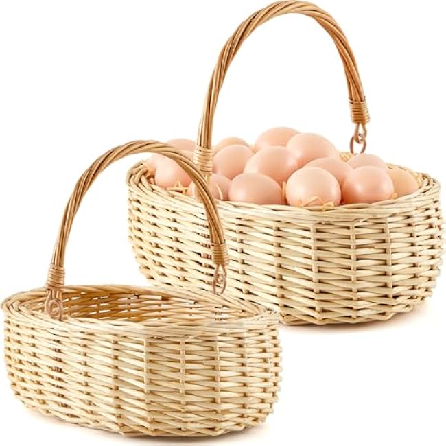 Sintuff 2 Size Small Egg Basket for Gathering Fresh Eggs with Handle Wicker Weave Collecting Basket Storage Holder for Easter Gift Transporting Farmhouse Fruits Chicken