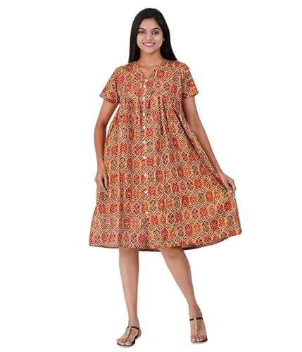 MENMAII Women's Pleated/AliaCut (L to 4XL)- Front Open/Button Down/Maternity/Feeding/Elderly/Hospital Use short length Dress -[Ajrak Sandle-4XL]