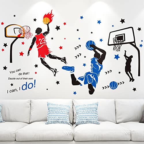 KeLay Fs 3D Basketball Wall Decals Sports Decor Basketball Player Wall Stickers Basketball Wall Decals Wallpaper for Boys Kids Room Decor (Blue1+Red)