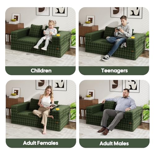 Image of COMAX Futon Sofa Bed, 4‑in‑1 Convertible Sofa Bed, Folding Boneless Couches | Boneless Couch for living room, Fold Out Small Foldable Loveseat Floor Sleeper Mattress Lounge Space‑Saving, Classic Green