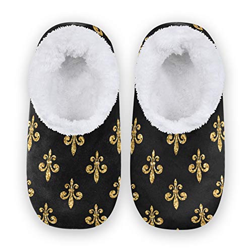 Golden Fleur-De-Lis Floral Black House Slippers Soft Warm Indoor Fuzzy Feet Slipper for Women Men