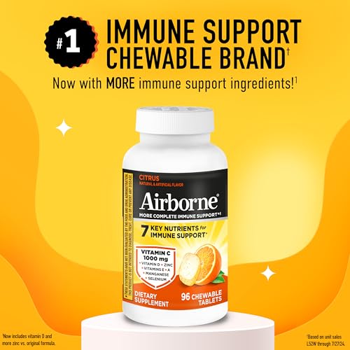 Image of Airborne Vitamin C 1000mg (per Serving) - Citrus Chewable Tablets (96 Count in a Box) - Packaging May Vary