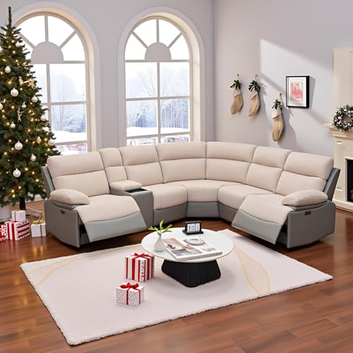 GEBADOL Power Recliner Sectional Sofa, Beige & Grey Plush Sofa, Sectional Couch with Storage Console, Reclining Living Room Sofa with USB/LED Lights