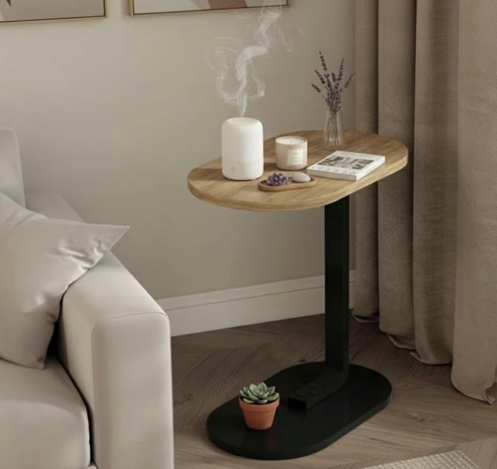 Generico bdit accessori Tavolino Laterale Moderno in Legno e Metallo, Salvaspazio 60 cm, Piano Ovale 44x28 cm, Base 40x23 cm, Comodino Minimal per Soggiorno e Camera da Letto (beige)