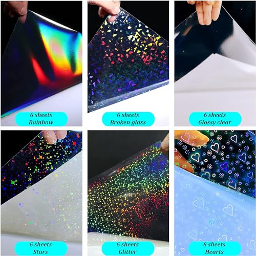 36 Sheets Holographic Sticker Paper A4 Glitter Vinyl Self Adhesive Waterproof Clear Laminating Sheets Rainbow Overlay with 6 Styles Mixed image 1