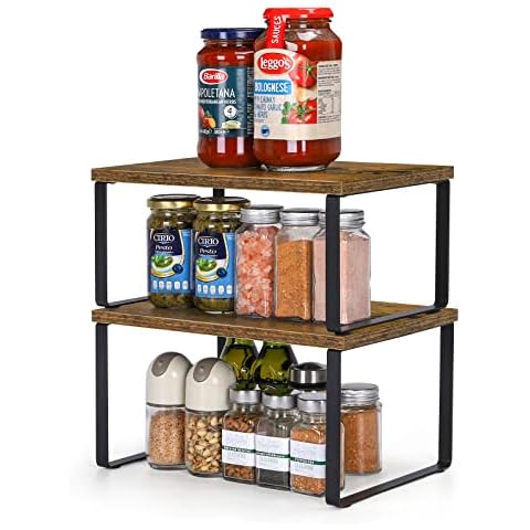 UOMIO Kitchen Cupboard Organisers Set of 2 Storage Shelves Insert in Cupboard for Cabinet Expandable and Stackable Wooden Spice Storage Rack with Metal Frame 2 Packs Cover